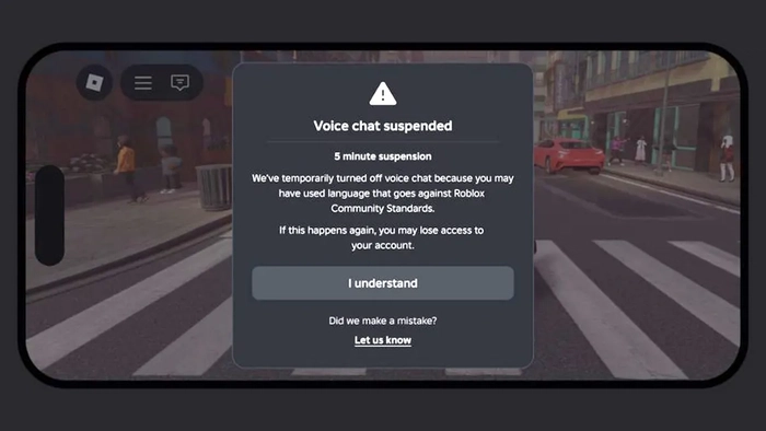 Roblox presenta herramientas de inteligencia artificial para la seguridad infantil que los padres deberían conocer Una captura de pantalla de la herramienta de seguridad de Roblox que suspende el chat de voz.