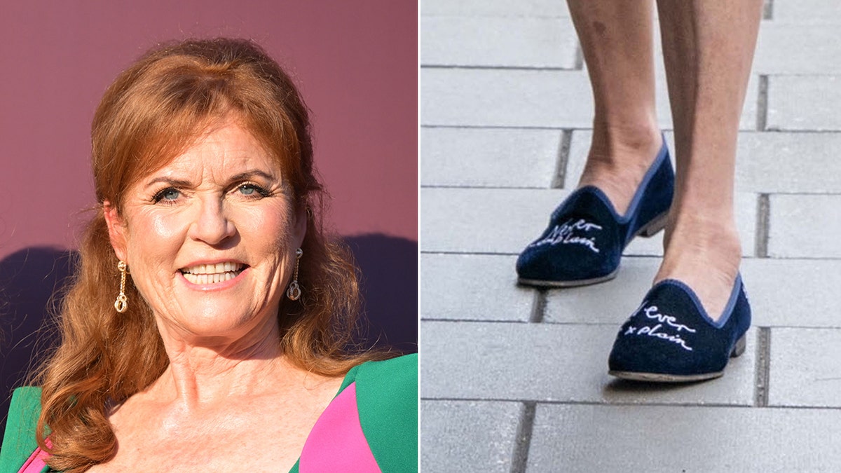 Una foto dividida una al lado de la otra de Sarah Ferguson con un vestido verde y rosa sonriendo y ella con mocasines azules.