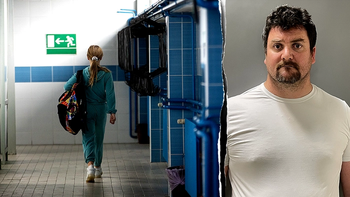 Una imagen de archivo de una estudiante en un vestuario escolar y una ficha policial de un empleado de un instituto de Maryland detenido a la derecha.