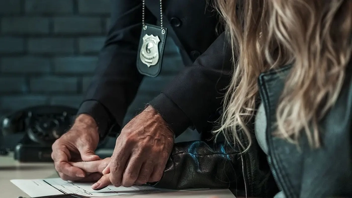 Detective tomando huellas dactilares de una mujer detenida en la sala de interrogatorios