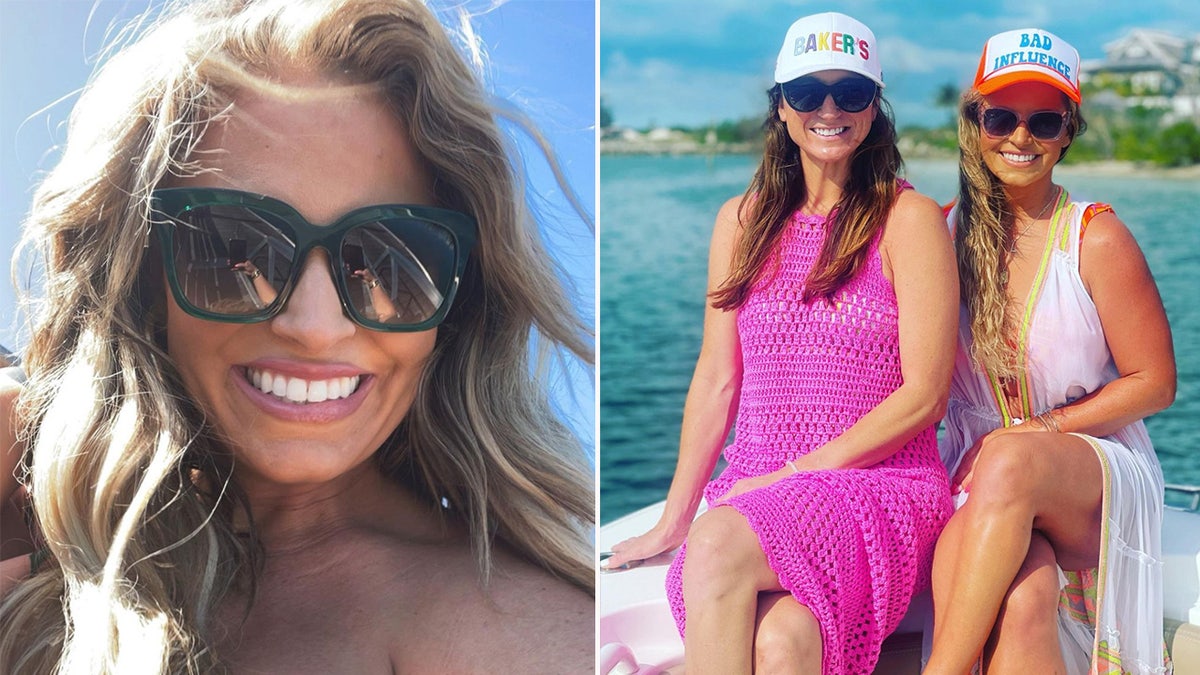 Mujer de Georgia que se muestra en aguas tropicales posando con un amigo con sombrero que dice ' mala influencia.'