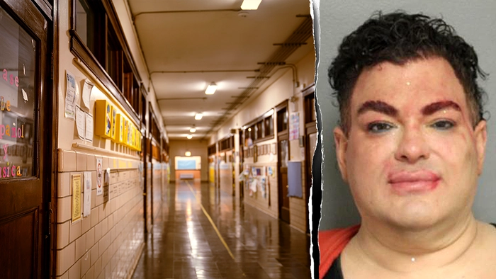 Foto policial de un miembro del consejo escolar de Nueva York y pasillo de un colegio
