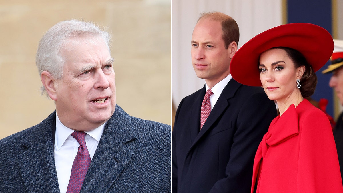 Una imagen dividida de lado a lado del príncipe Andrew luciendo desconcertado mientras el príncipe William y Kate Middleton miran con severidad