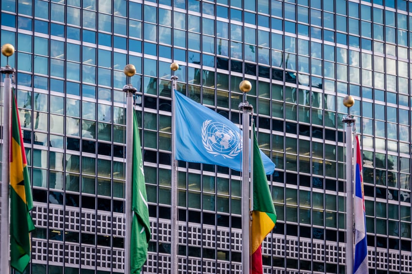 Photograph of the flag of the united nations along with other flags.